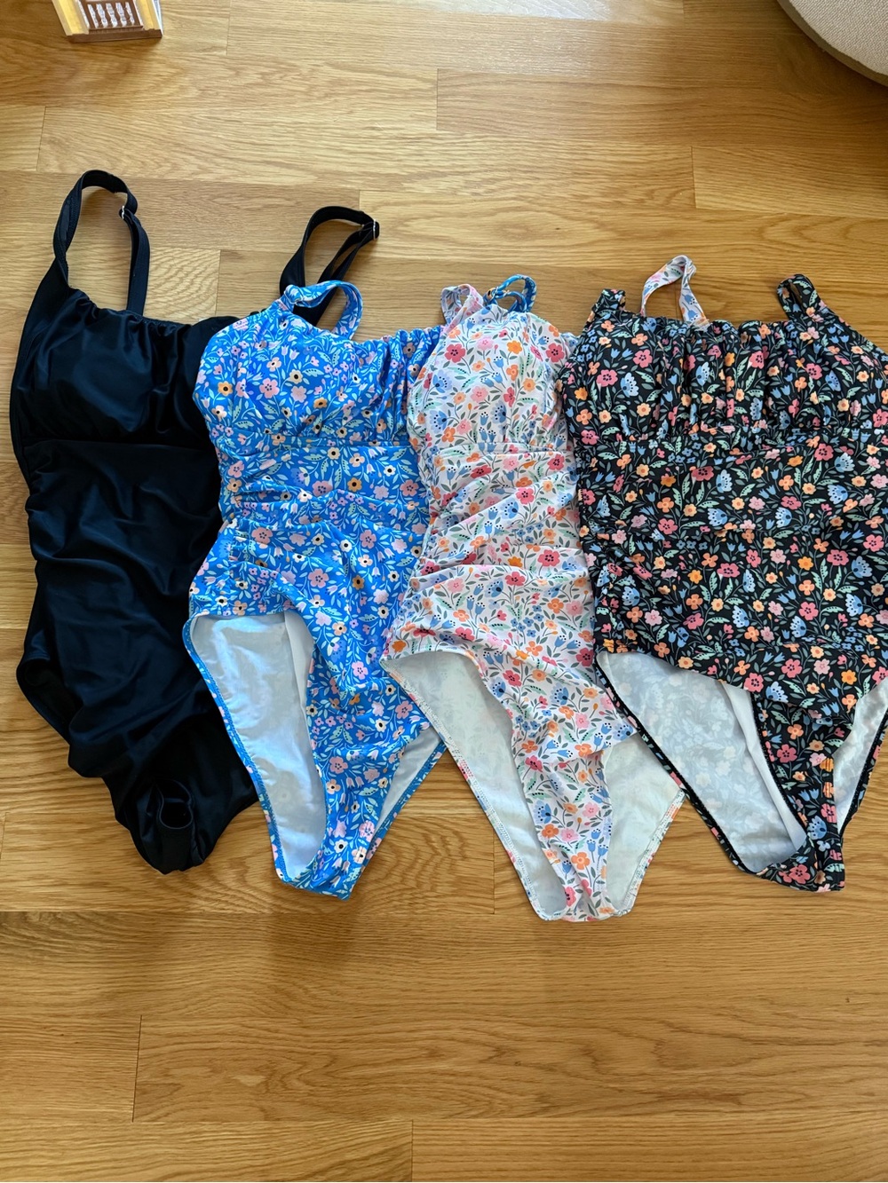 4 Large One-Piece Swimsuits - Black, Blue Floral, White Floral, Black Floral
